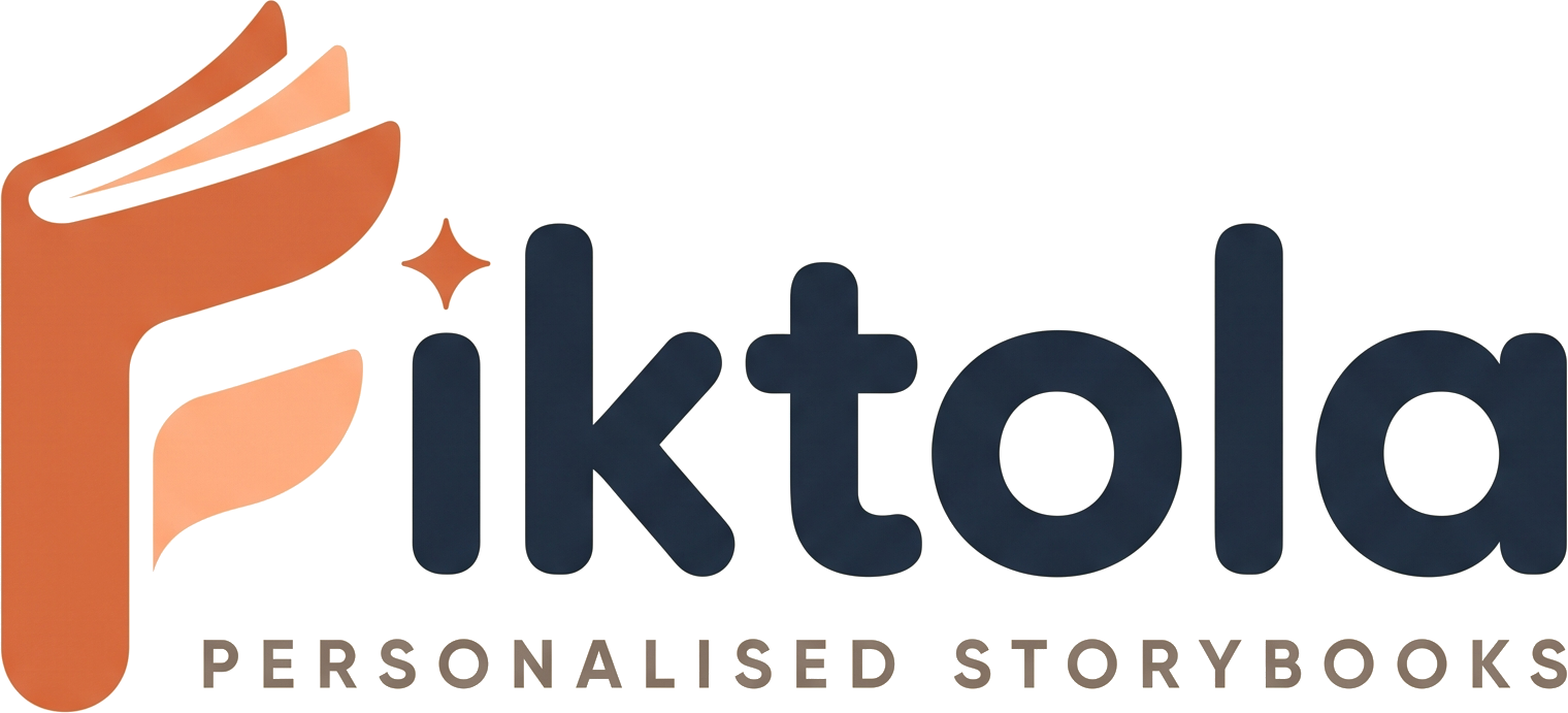 Fiktola logo, full colour, with the line Personalised Storybooks