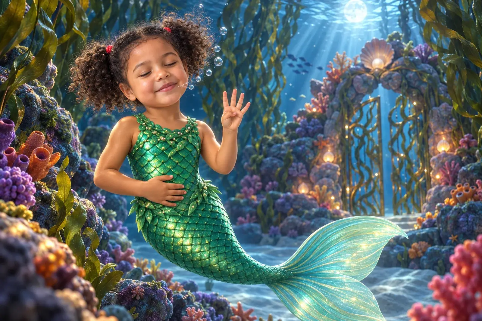 Ava as a mermaid with her eyes closed and one hand on her tummy, in a glowing coral garden