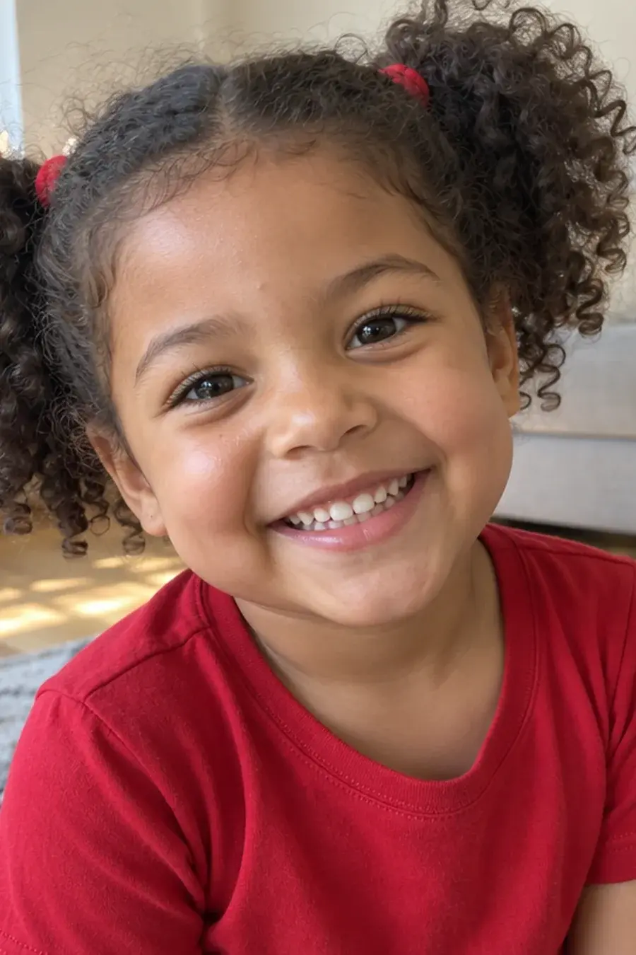 Photo of Ava, a smiling girl with curly pigtails in a red T-shirt