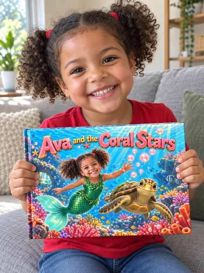 Ava holding her printed mermaid book