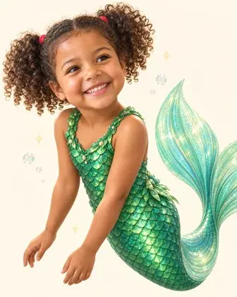 Ava drawn as the hero, with a shimmering green mermaid tail