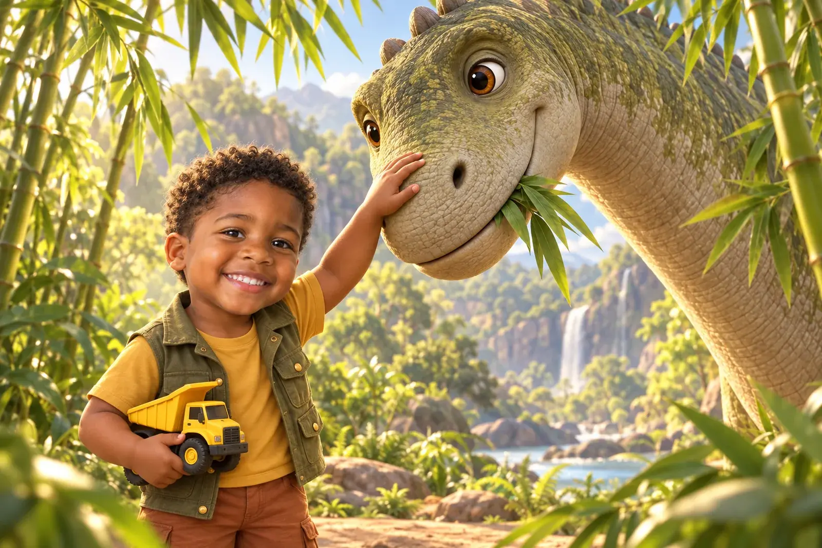 Kai smiling, holding his toy truck and patting the nose of a friendly dinosaur
