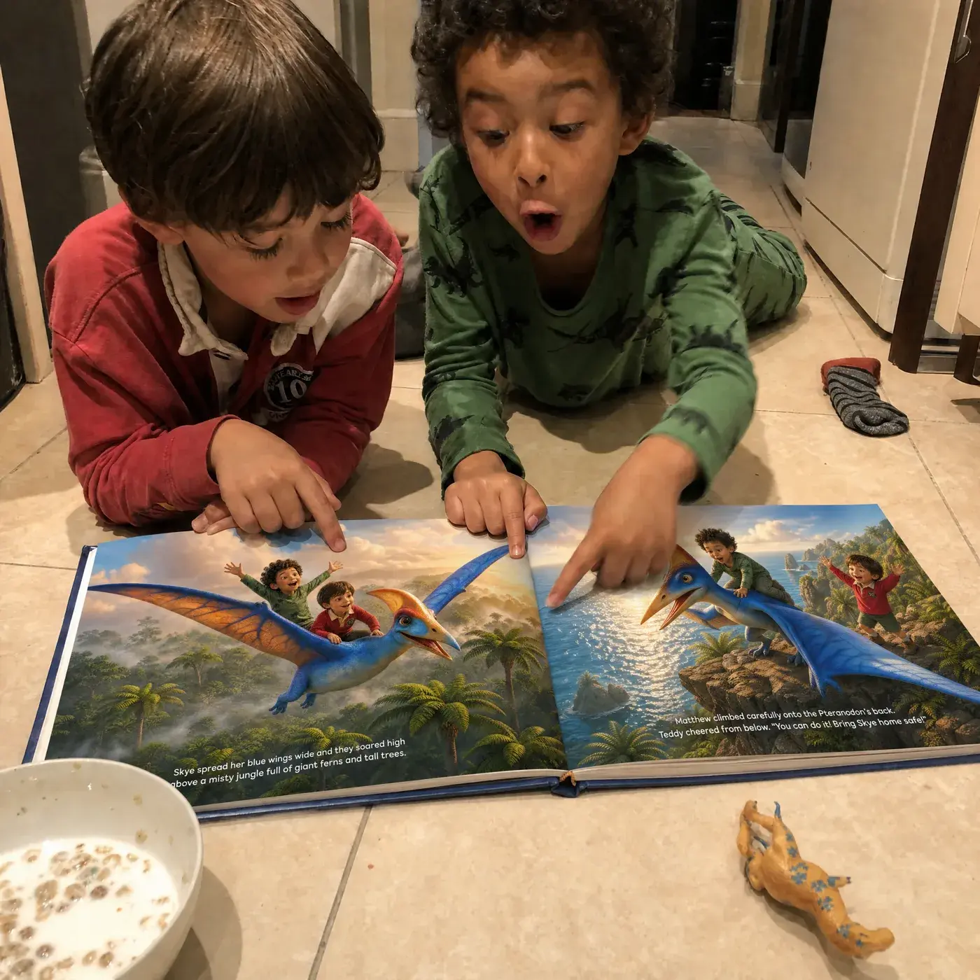 Two boys on the kitchen floor pointing at a dinosaur spread in their book