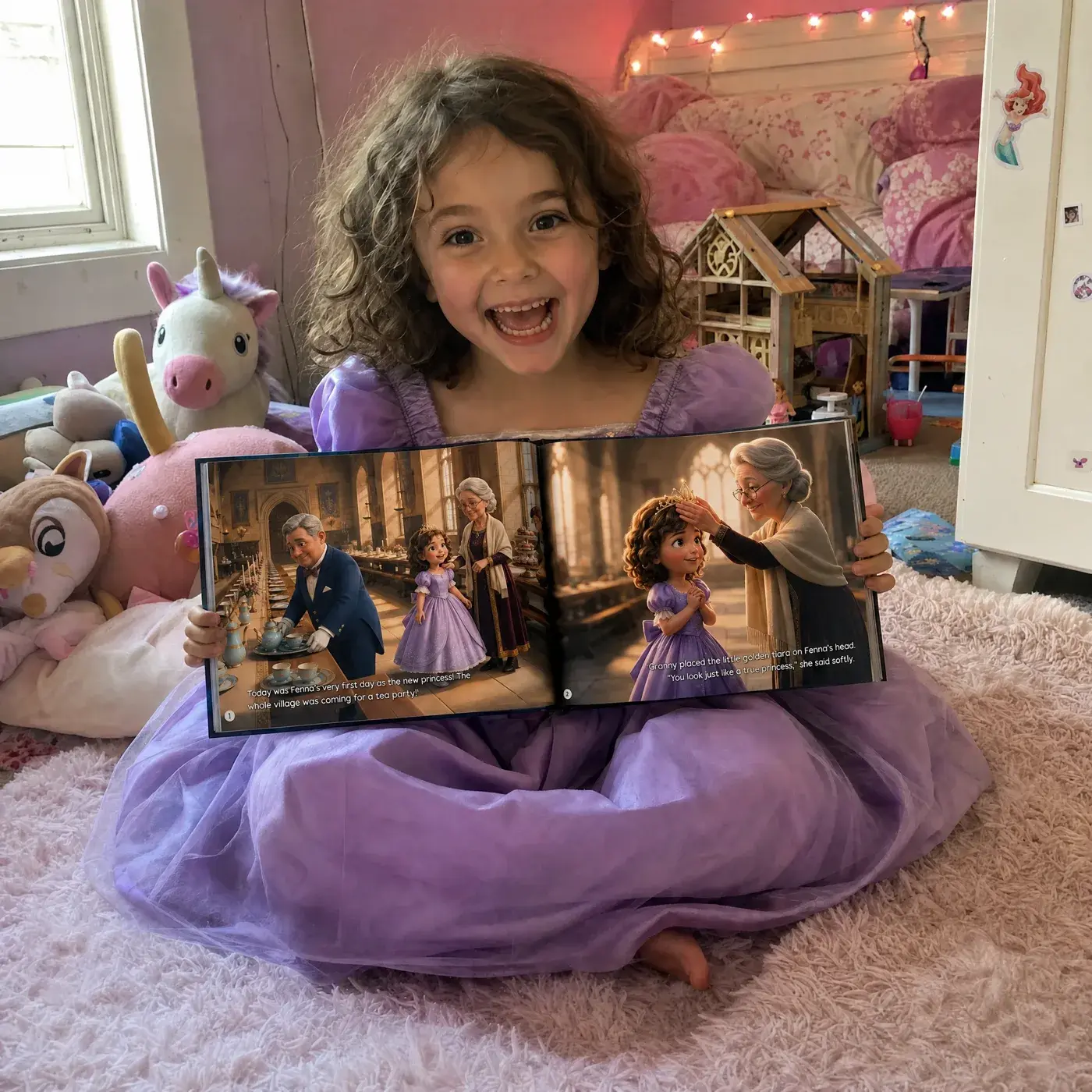 A girl in a purple dress holding her book open on her bedroom rug