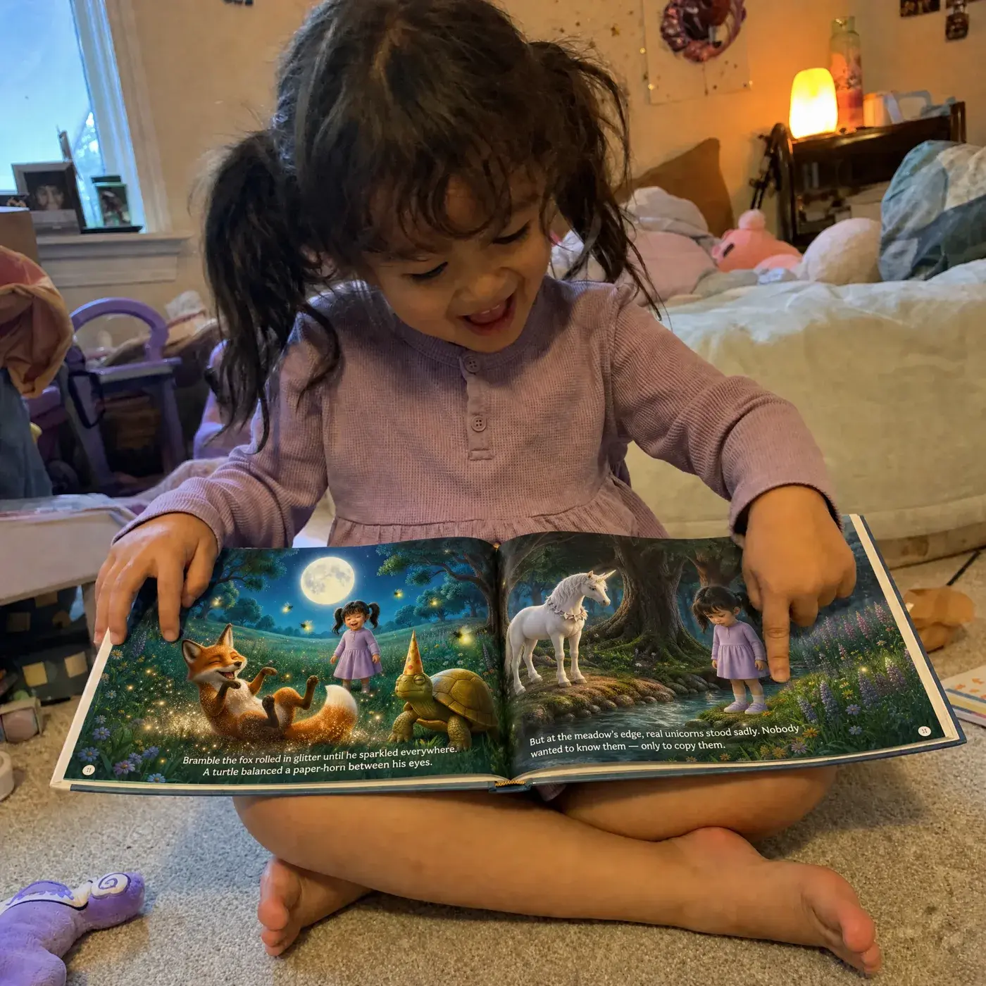 A girl sitting cross-legged with her book open on her lap