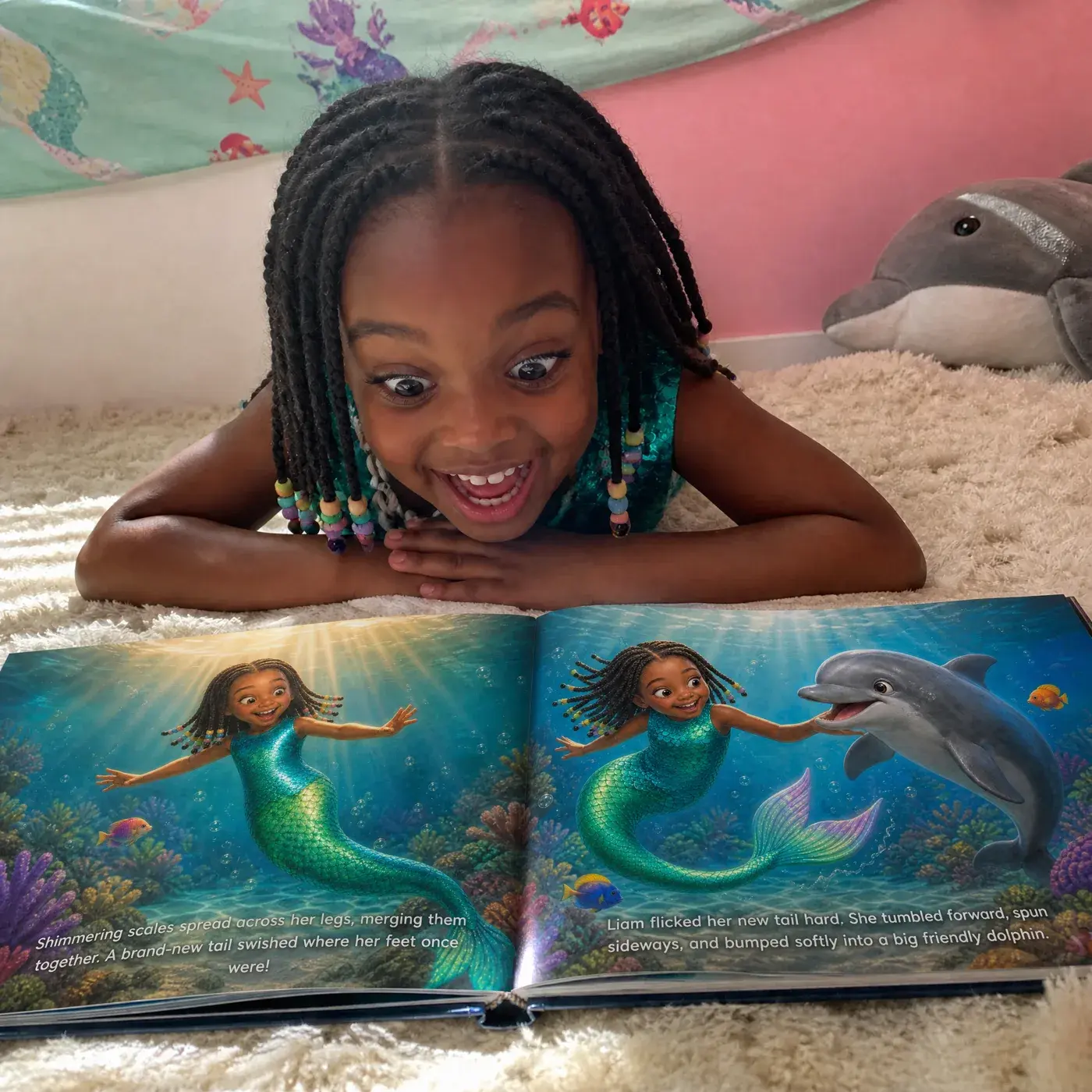 A girl lying on a rug, delighted, with her mermaid book open in front of her