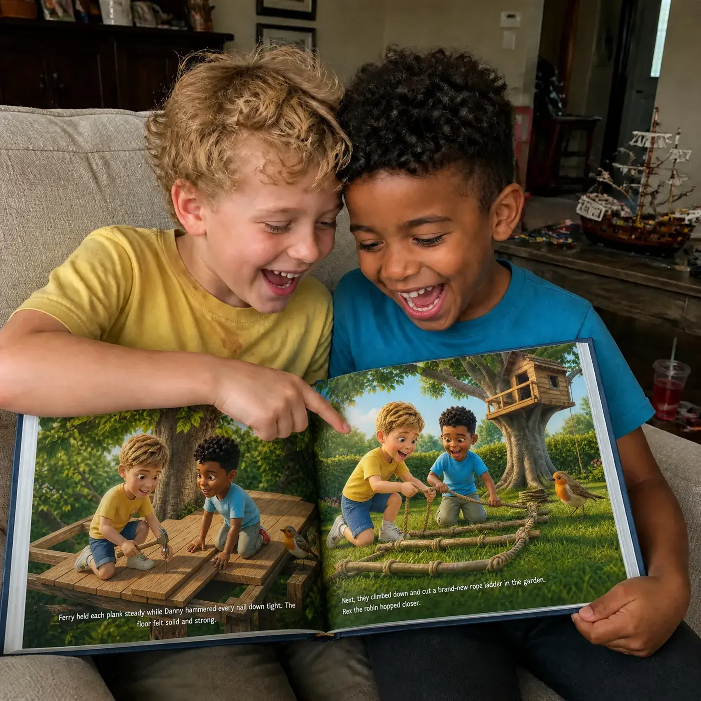 Two boys laughing together over their treehouse book on the sofa