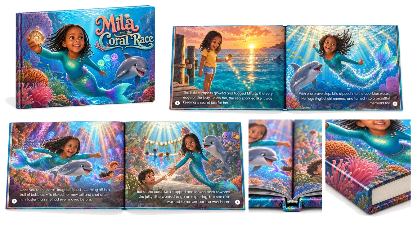 Hardcover book — cover, open spread and side view