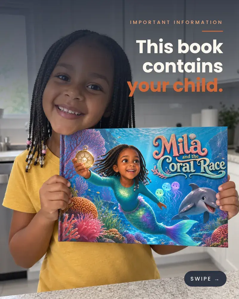 Important information: this book contains your child. Mila holds her mermaid book.