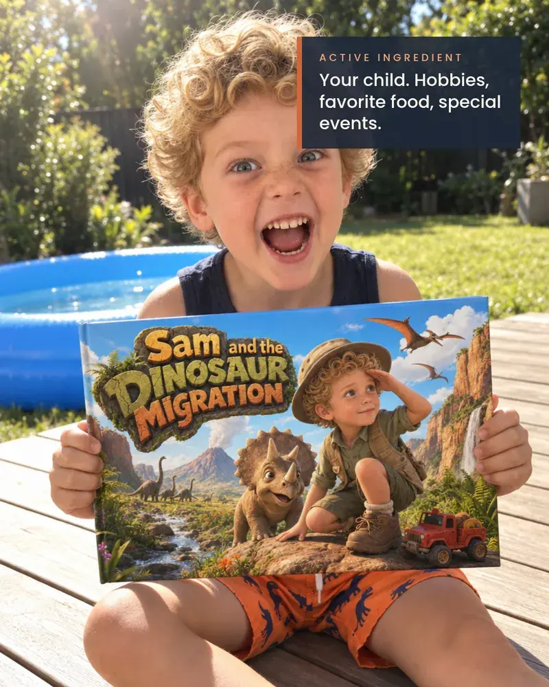Active ingredient: your child — hobbies, favourite food, special events. Sam holds his dinosaur book.