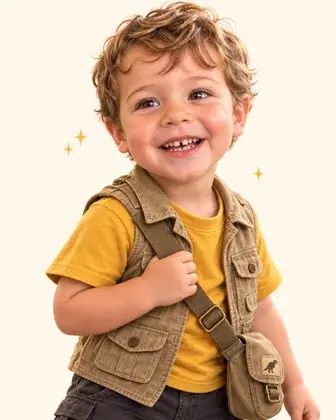 Finn drawn as the hero, in an explorer vest with a satchel