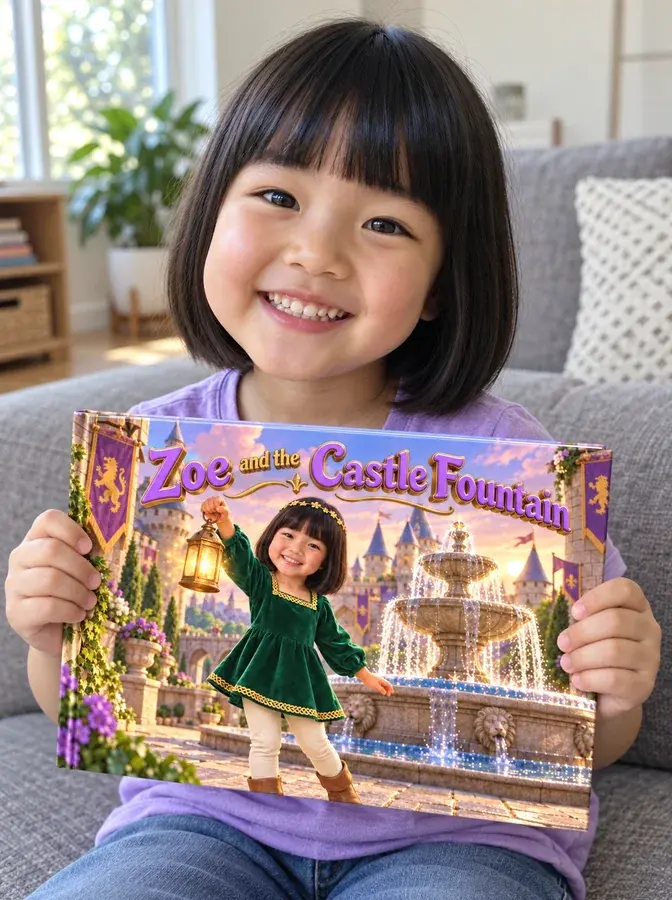 Zoe holding her printed book, Zoe and the Castle Fountain