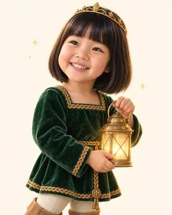Zoe drawn as the hero: a green velvet dress, a gold crown and a lantern