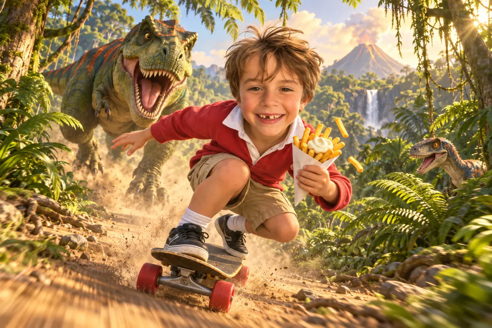 Sven on his skateboard holding a cone of fries, a T‑Rex behind him in the jungle