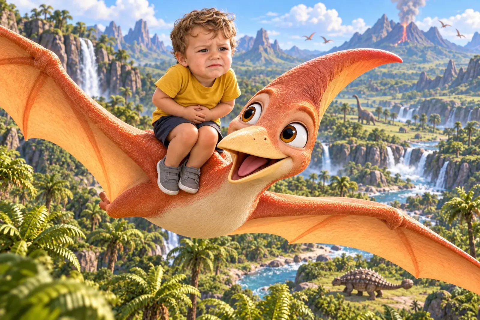 Finn on Pip the Pteranodon, hands on his tummy, above a prehistoric valley