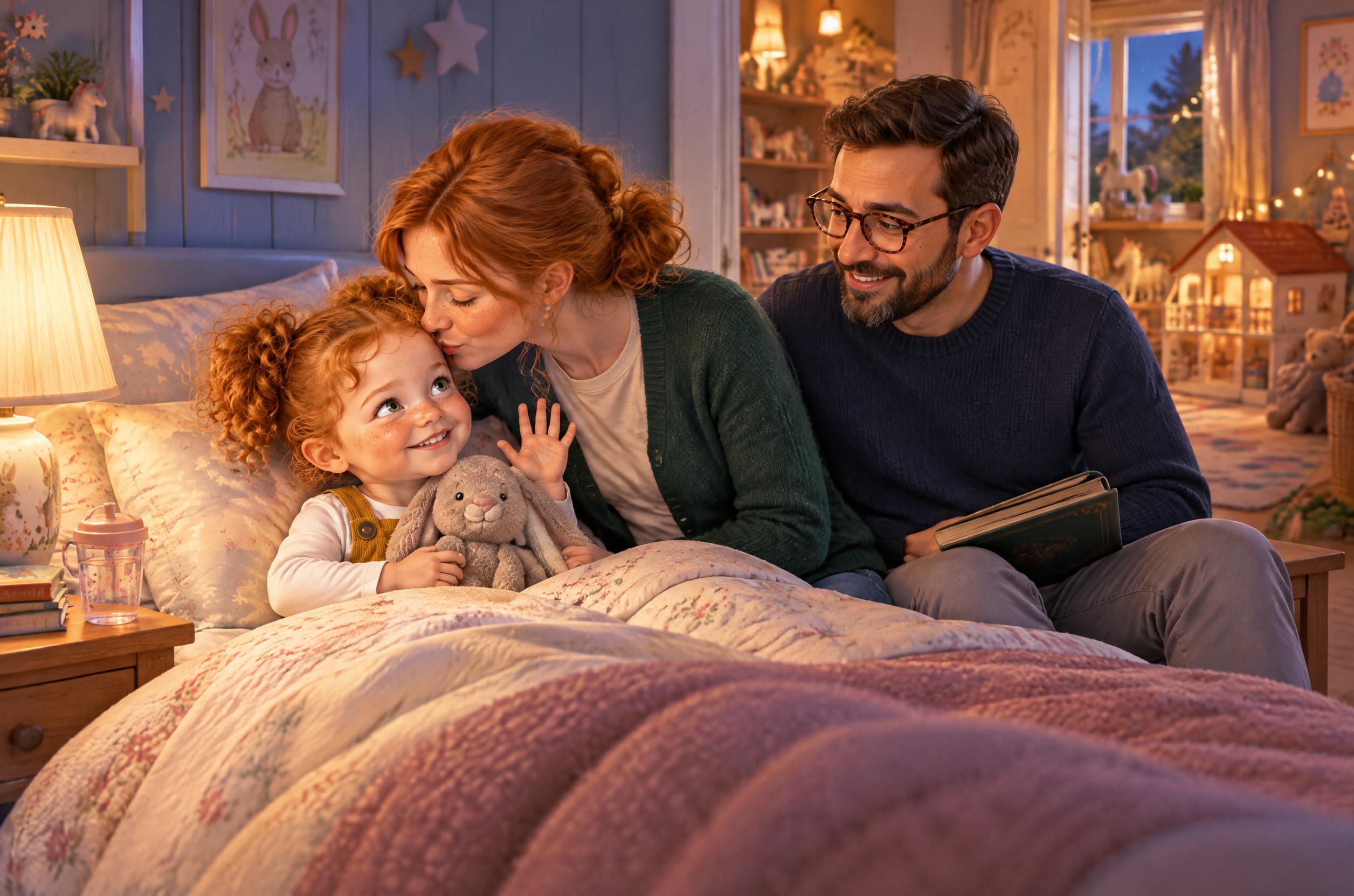 At bedtime in a picture book, a mother kisses her little girl goodnight while dad holds a story book