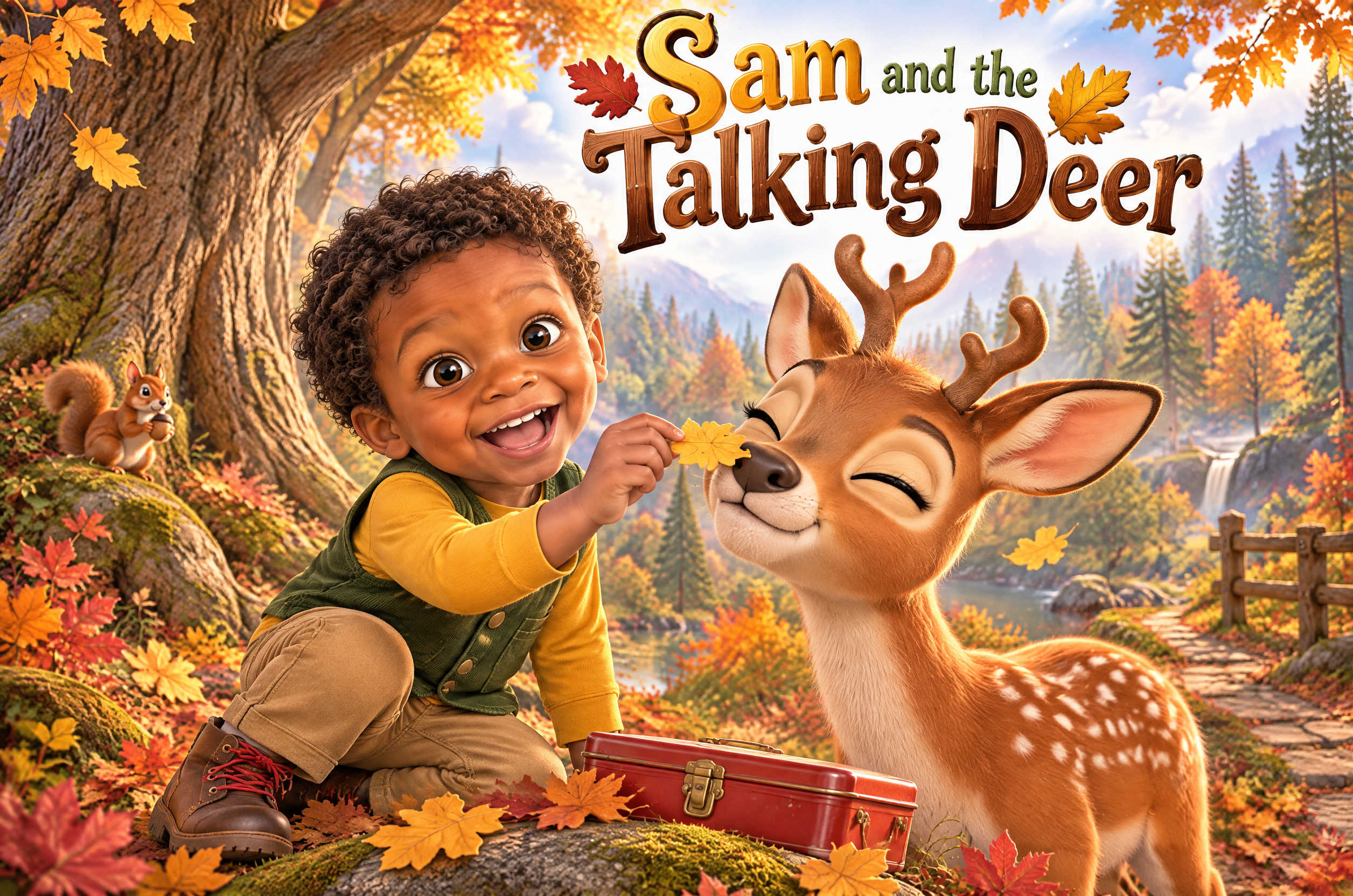 Cover art of Sam and the Talking Deer: a boy offers an autumn leaf to a smiling deer in a golden forest