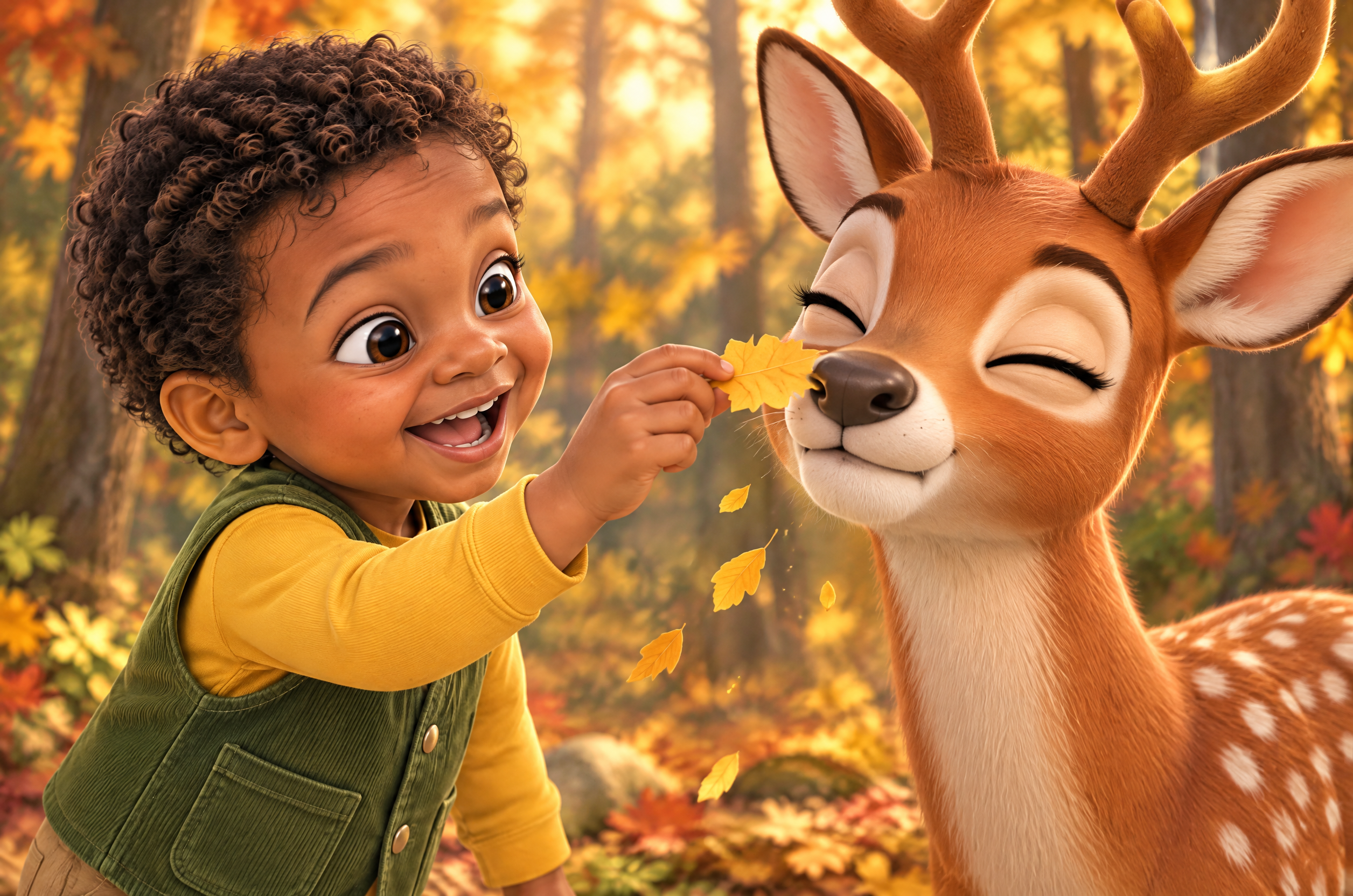 Inside page of Sam and the Talking Deer: Sam shows the deer a leaf, close up among autumn colours