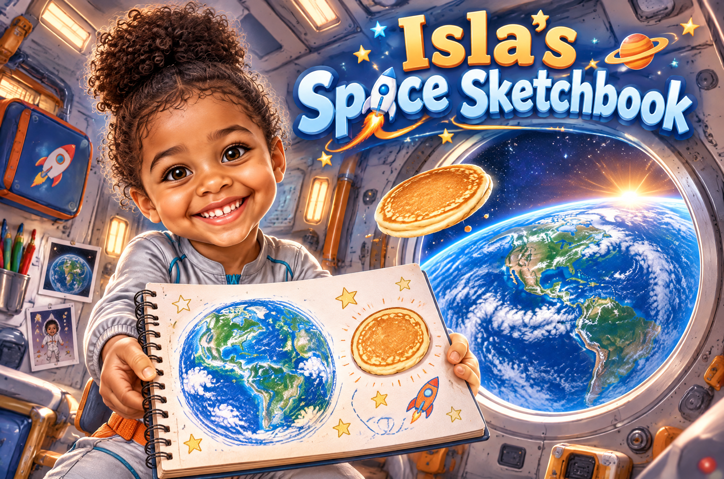 Cover art of Isla’s Space Sketchbook: a girl in a spacesuit holds up her sketchbook in front of a spaceship window with Earth behind her