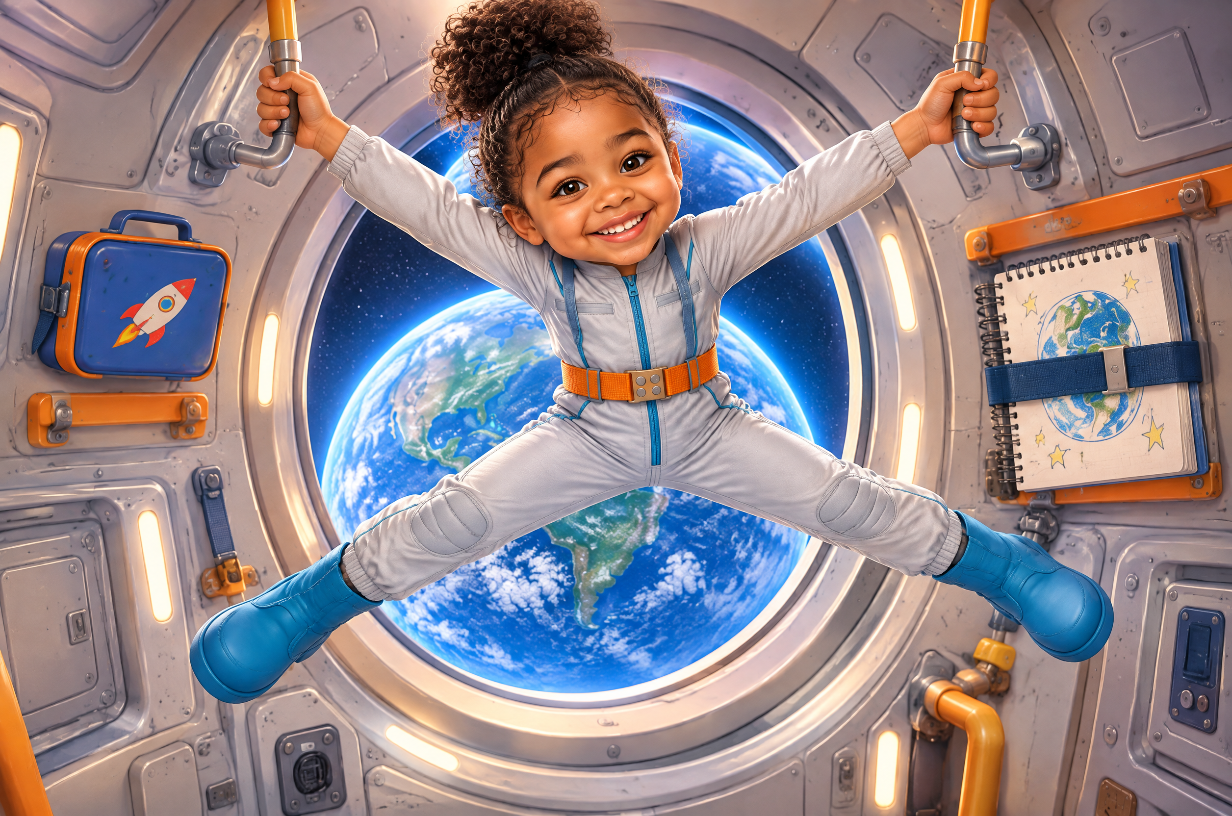 Inside page of Isla’s Space Sketchbook: Isla floats weightless in front of a round window with Earth outside