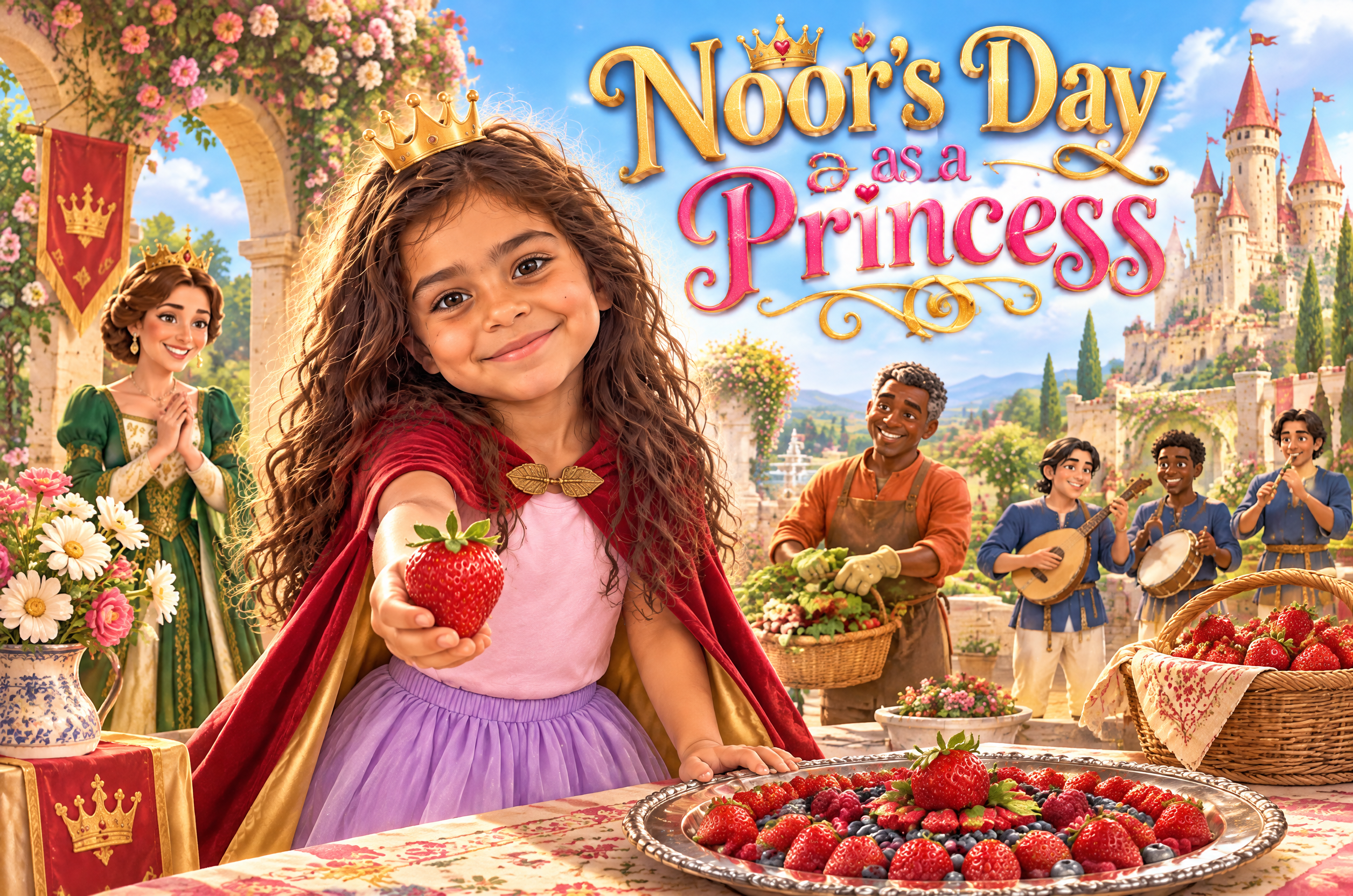 Cover art of Noor’s Day as a Princess: a girl in a red cape holds out a strawberry at a castle feast