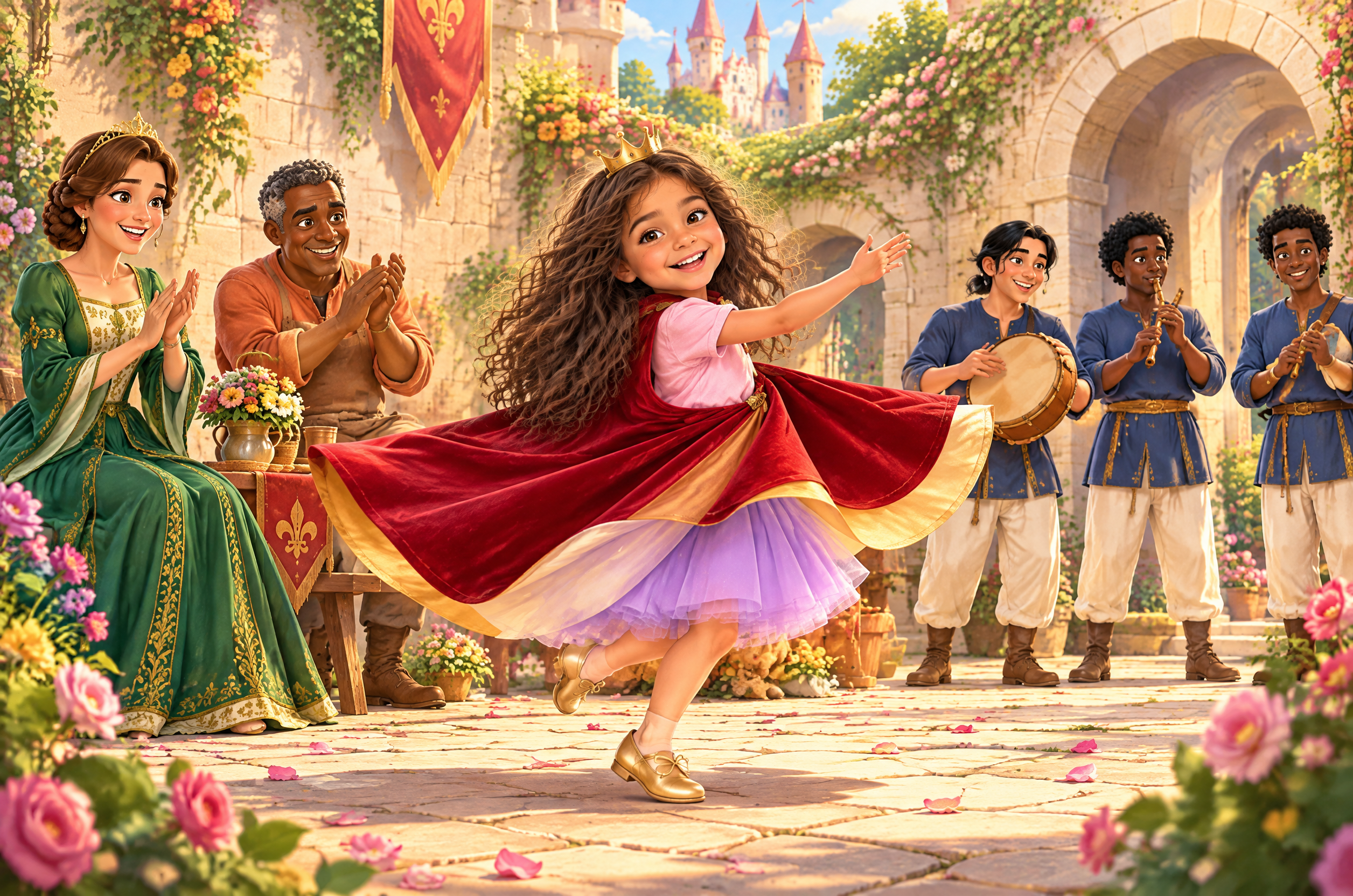 Inside page of Noor’s Day as a Princess: Noor twirls in her cape while the castle musicians play
