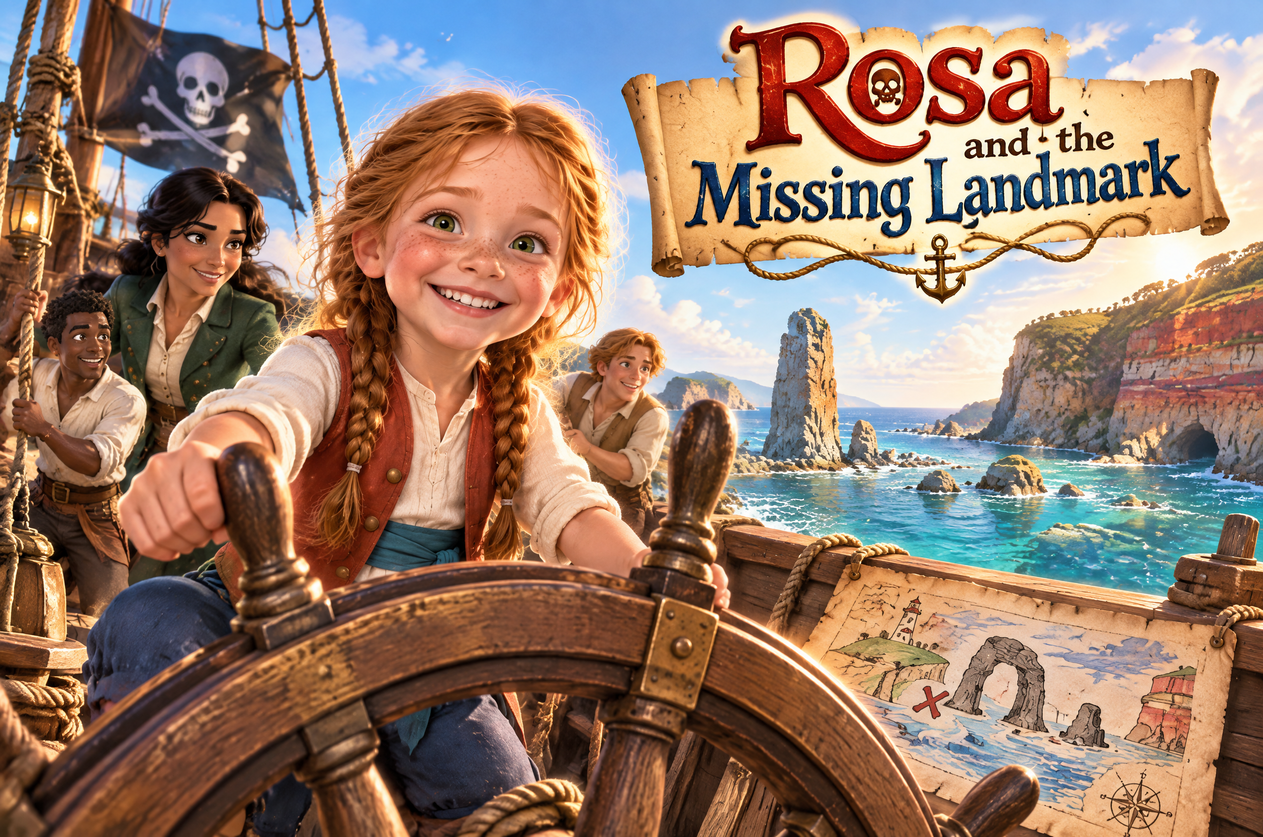 Cover art of Rosa and the Missing Landmark: a girl with red braids steers a pirate ship past sea stacks