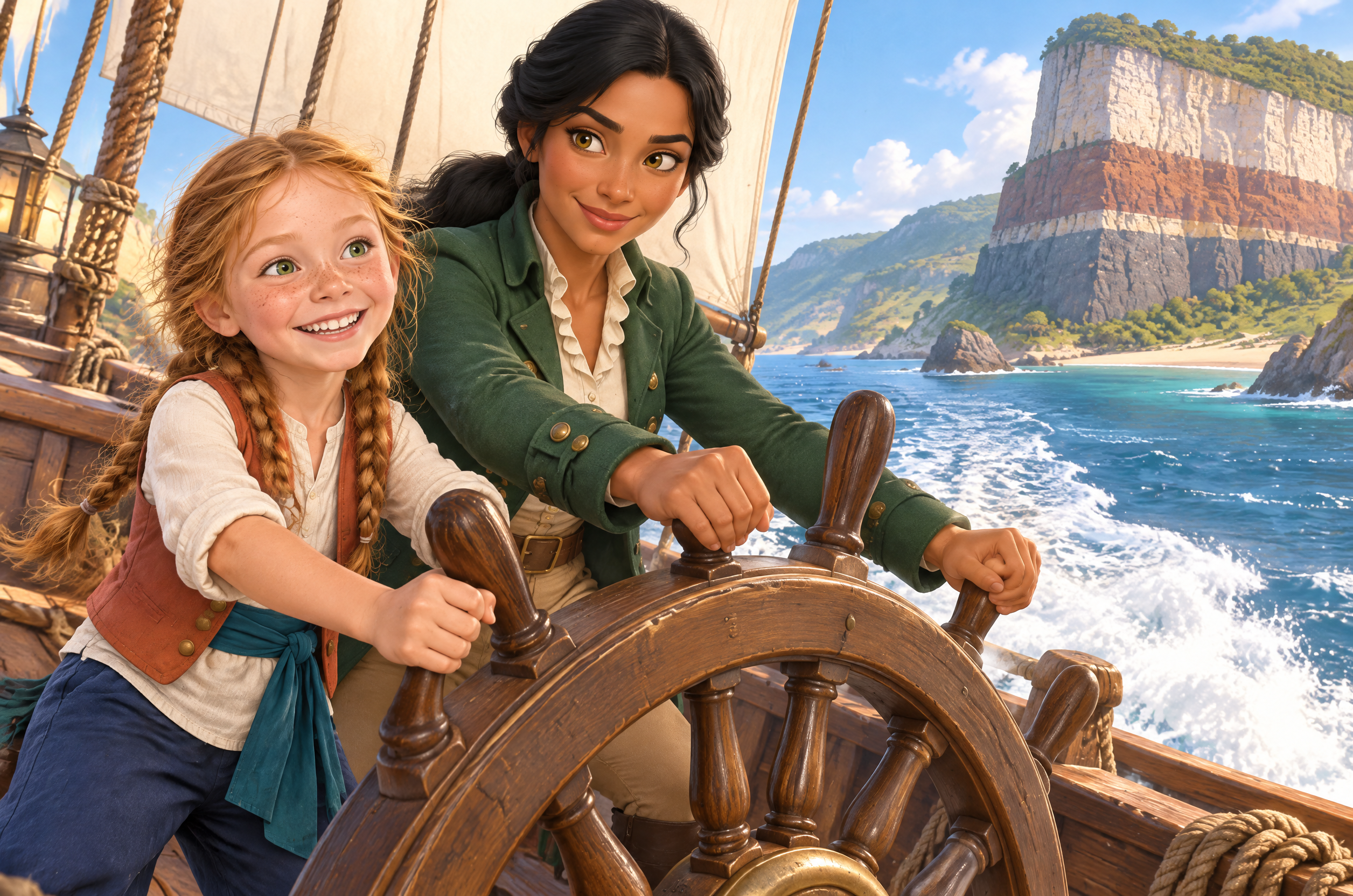 Inside page of Rosa and the Missing Landmark: Rosa takes the ship’s wheel beside a crewmate, with cliffs ahead