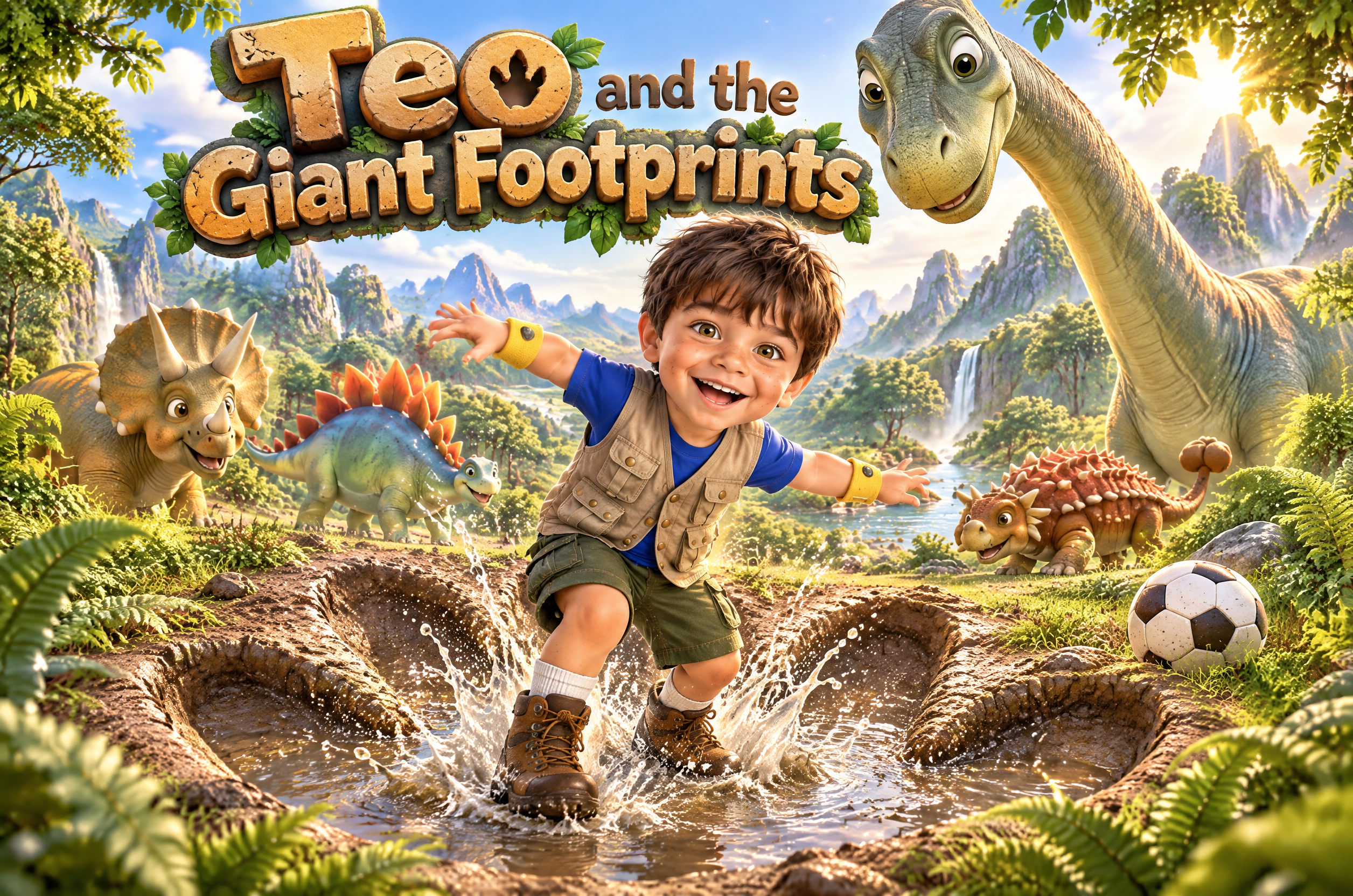 Cover art of Teo and the Giant Footprints: a boy splashes through giant muddy footprints in a prehistoric valley