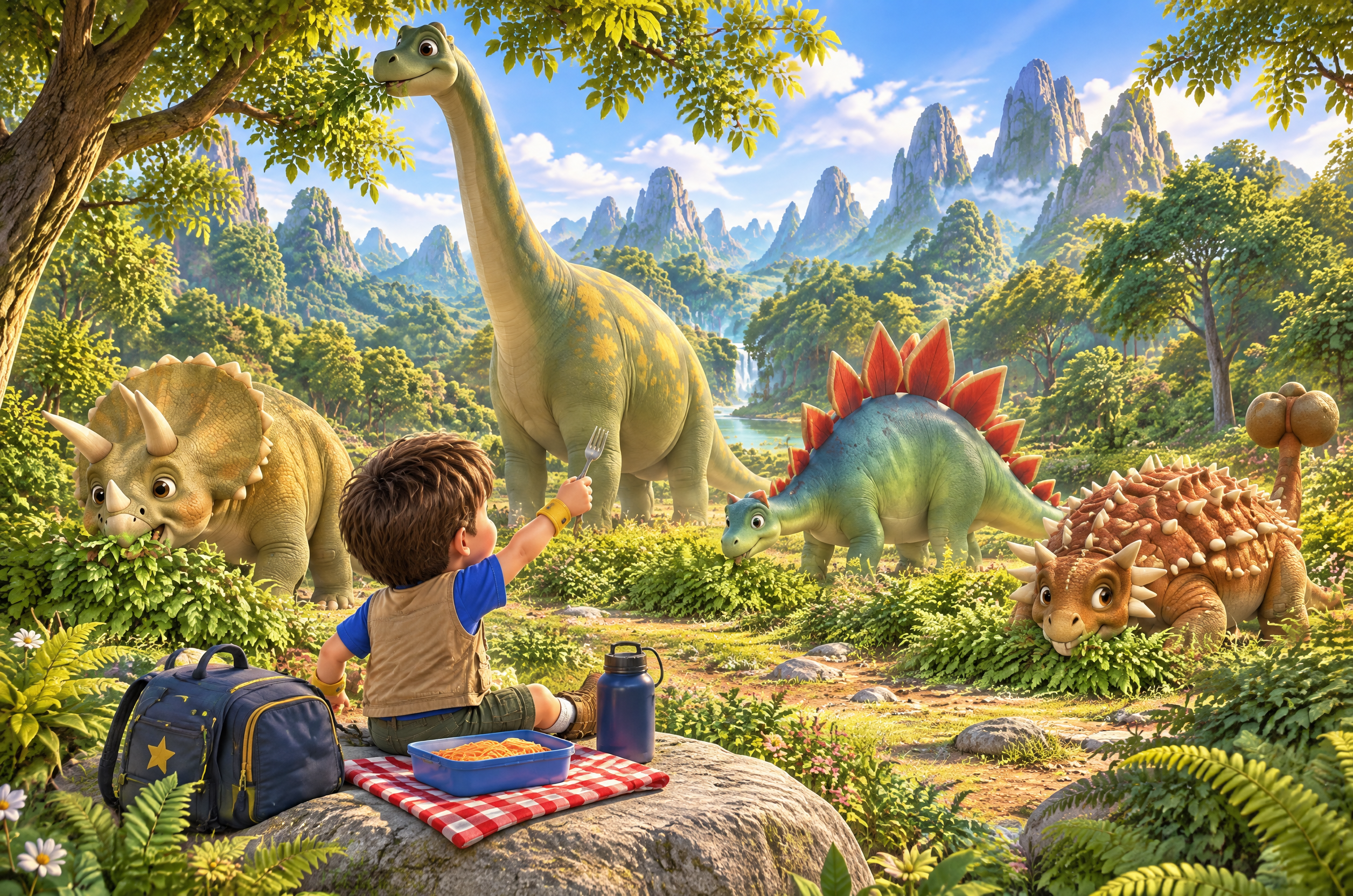 An illustrated page from Teo’s dinosaurs book, made by Fiktola