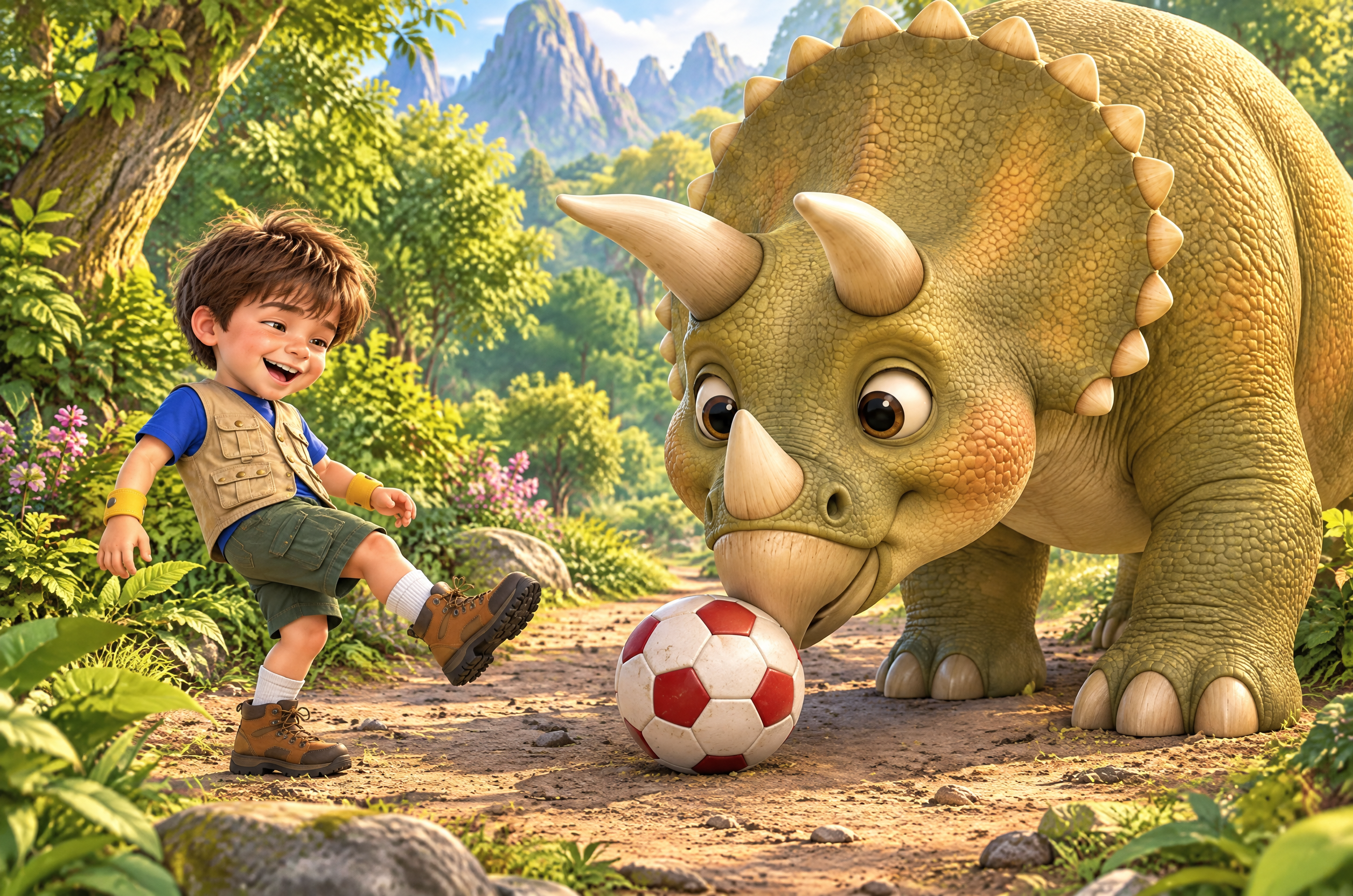 Inside page of Teo and the Giant Footprints: Teo kicks a football towards a friendly triceratops
