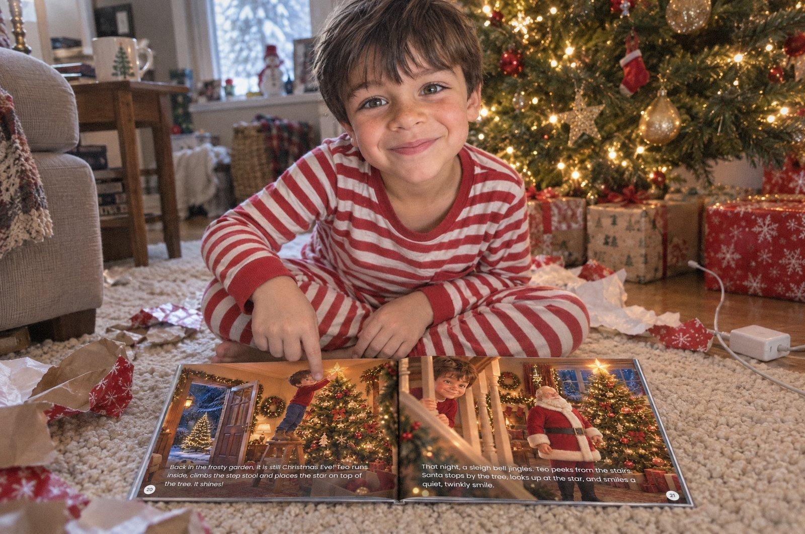 A boy in striped Christmas pajamas points at himself in his open Fiktola book beside the tree