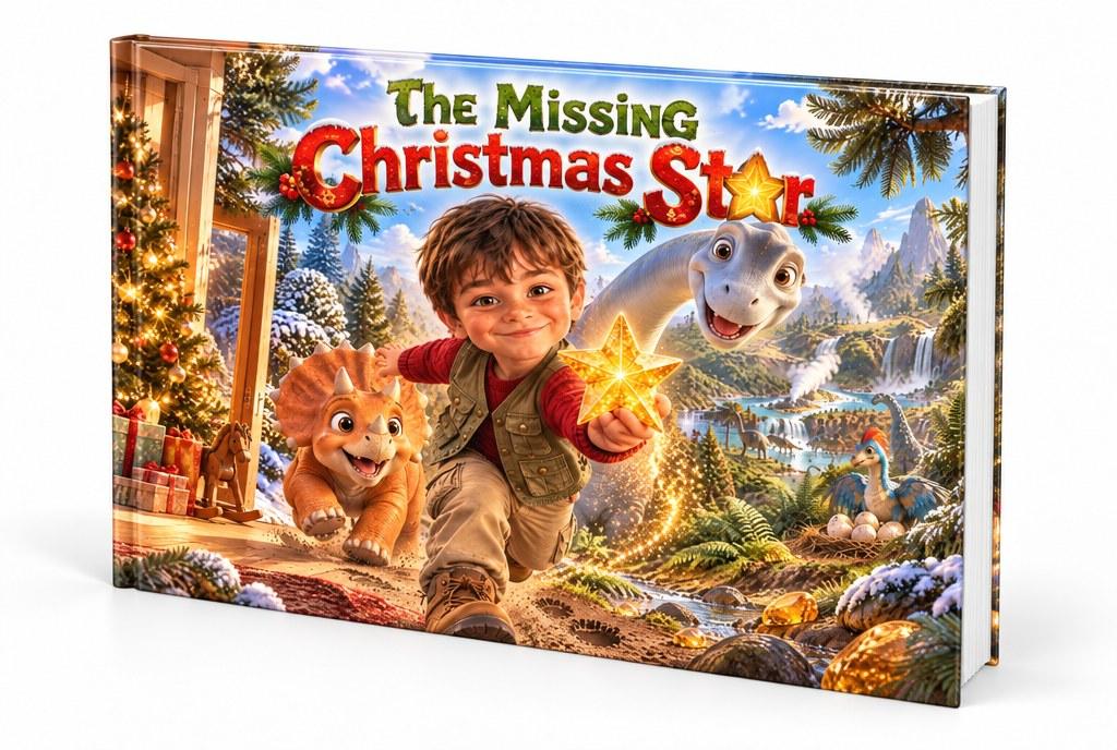 The Missing Christmas Star as a printed A4 landscape hardcover with the cover art wrapping the spine