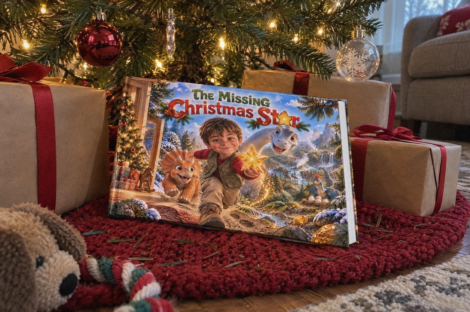 The hardcover The Missing Christmas Star standing under a Christmas tree among wrapped presents