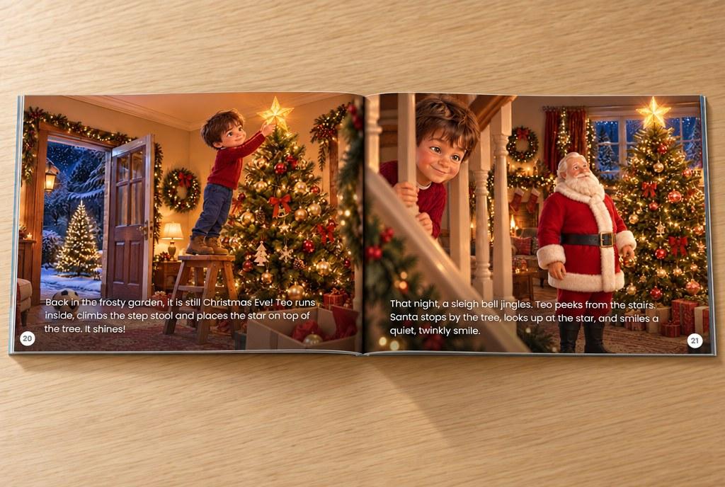 Pages 20 and 21 of a printed Fiktola Christmas book lying open on an oak table