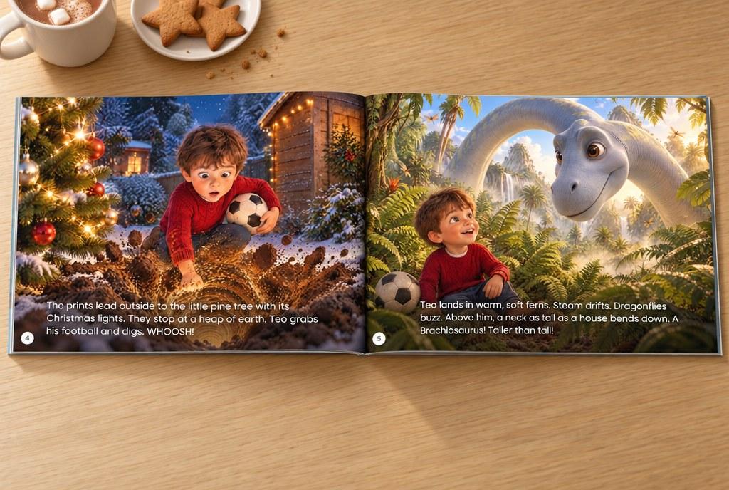 Pages 4 and 5 open beside cocoa and gingerbread: a Christmas garden, then a Brachiosaurus in the ferns