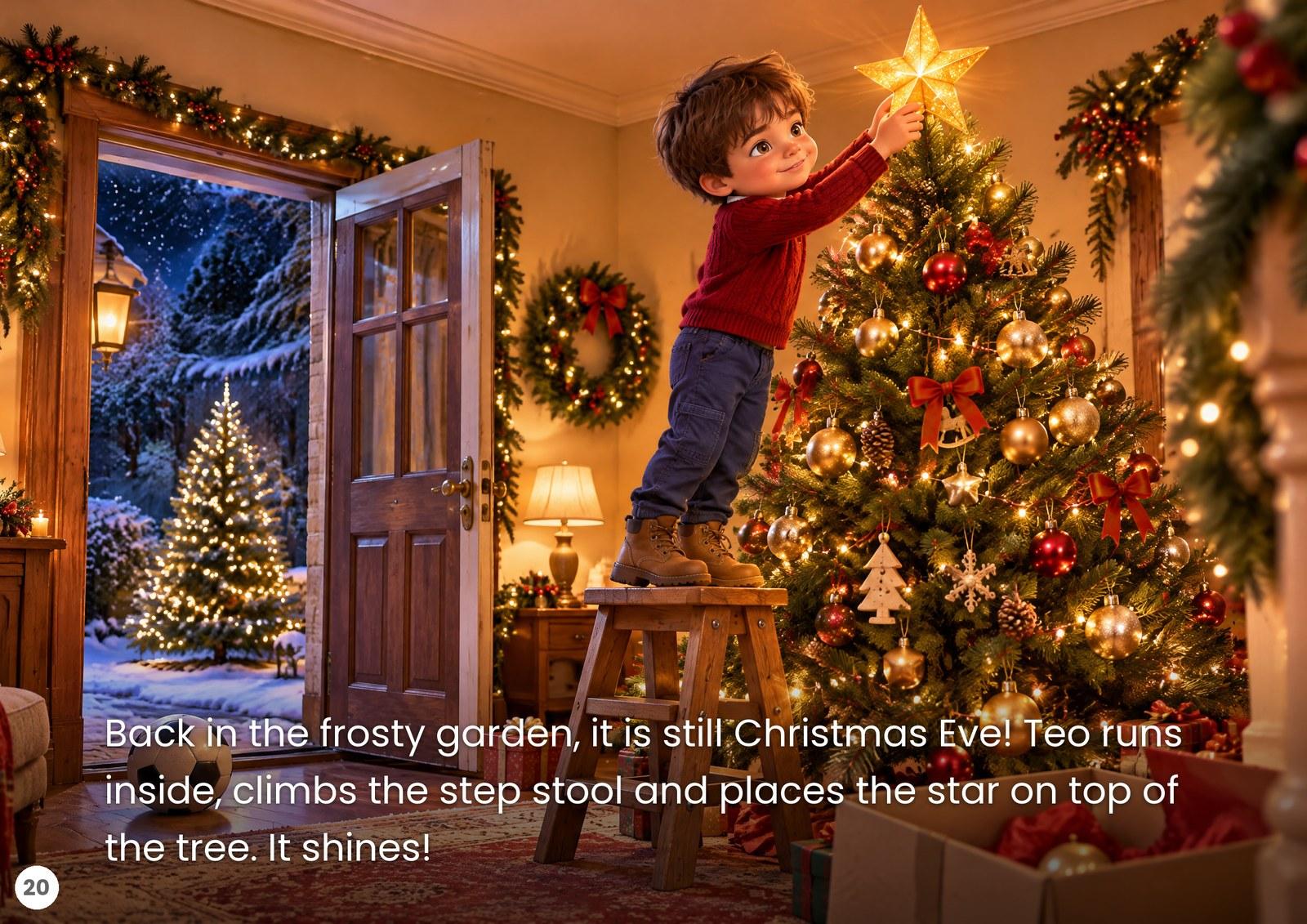 Printed page 20: Teo puts the star on top of the Christmas tree on Christmas Eve