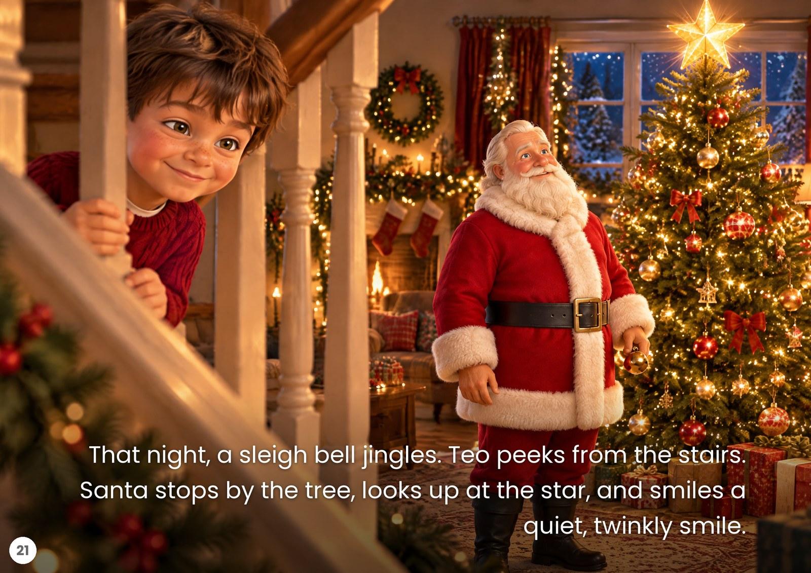 Printed page 21: Teo peeks from the stairs while Santa smiles up at the star