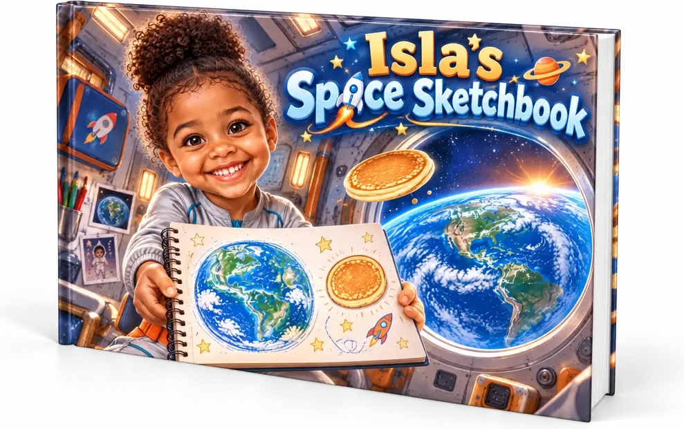 Hardcover mockup of Isla’s Space Sketchbook