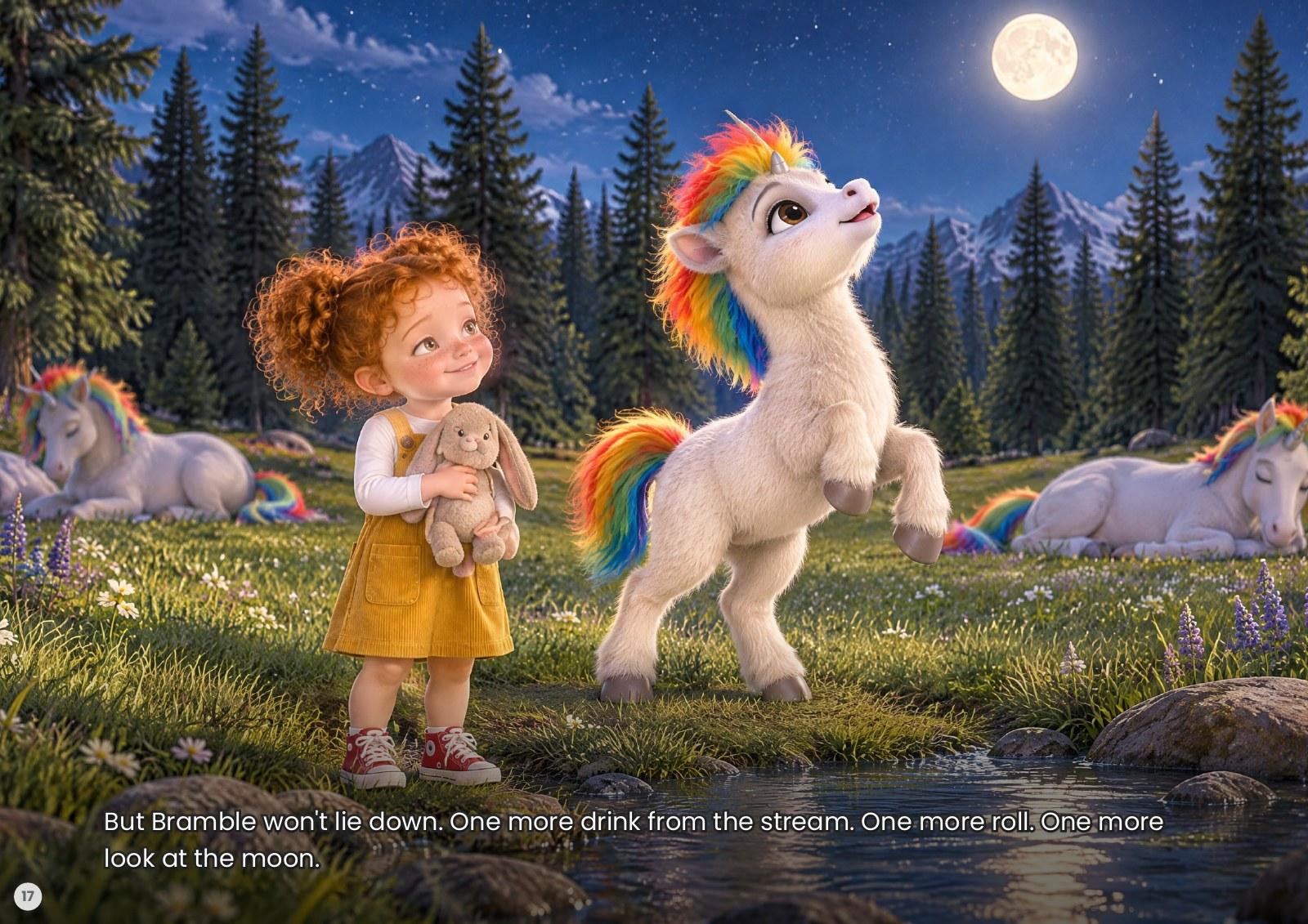 In a moonlit meadow, a fuzzy unicorn foal bounces up again instead of lying down to sleep