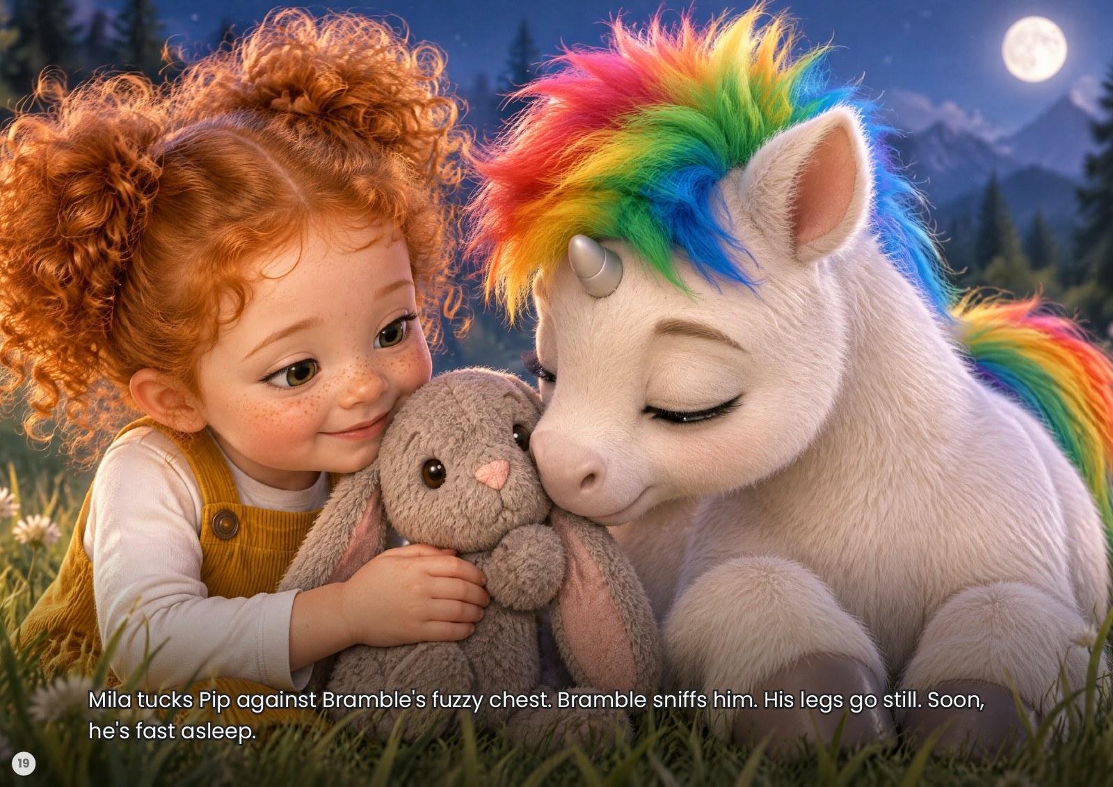 A little girl tucks her grey toy bunny against the sleepy foal, and its eyes close