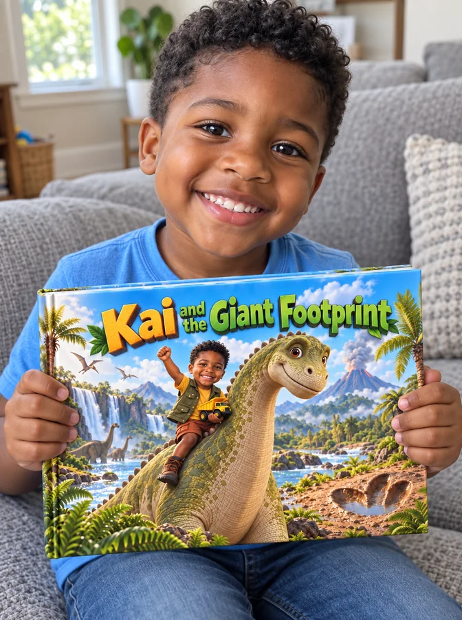 Kai hält sein eigenes Buch 'Kai and the Giant Footprint'