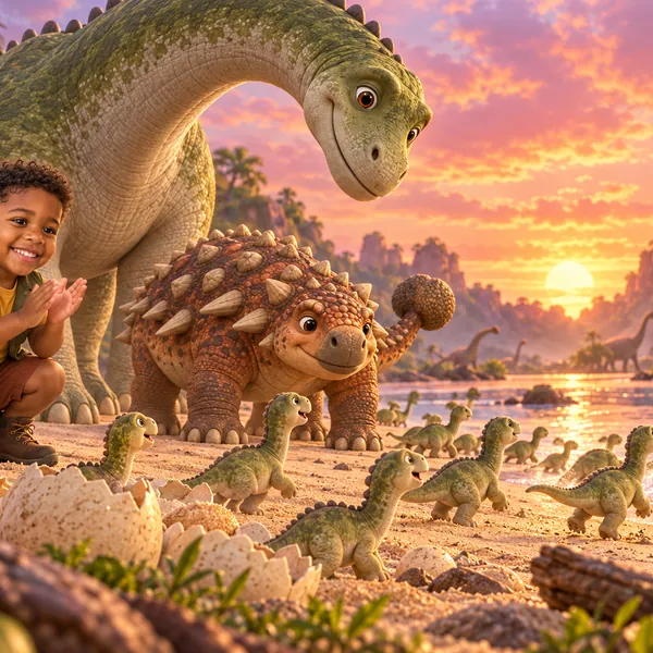 Dinosaurierbabys schlüpfen am Fluss