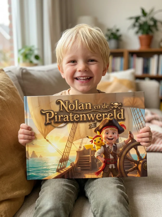 Nolan houdt zijn eigen boek 'Nolan en de Piratenwereld' vast